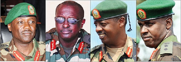 L-R: Lt. Gen. Fred Ibingira, Brig. Gen. Richard Rutatina, Brig. Gen. Wilson Gumisiriza, Col. Dan Munyuza.